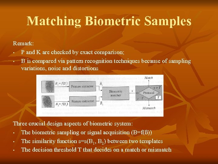 Matching Biometric Samples Remark: • P and K are checked by exact comparison; •