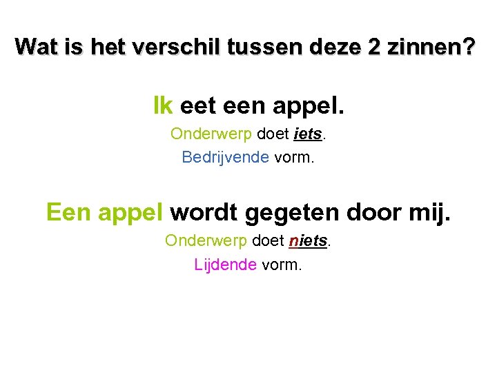Wat is het verschil tussen deze 2 zinnen? Ik eet een appel. Onderwerp doet