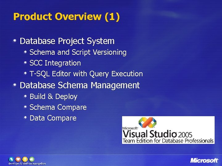 Product Overview (1) Database Project System Schema and Script Versioning SCC Integration T-SQL Editor