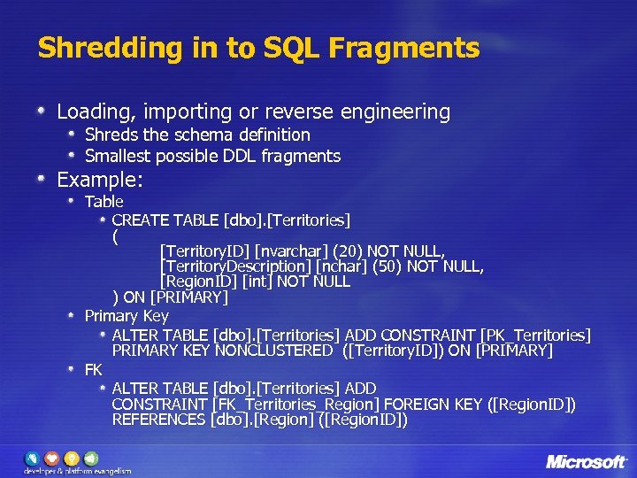 Shredding in to SQL Fragments Loading, importing or reverse engineering Shreds the schema definition