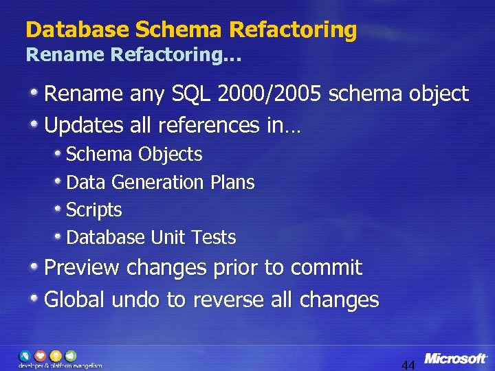 Database Schema Refactoring Rename Refactoring… Rename any SQL 2000/2005 schema object Updates all references