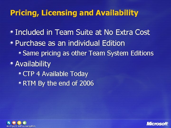 Pricing, Licensing and Availability Included in Team Suite at No Extra Cost Purchase as
