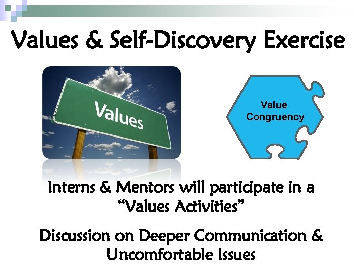 Values & Self-Discovery Exercise Value Congruency Interns & Mentors will participate in a “Values