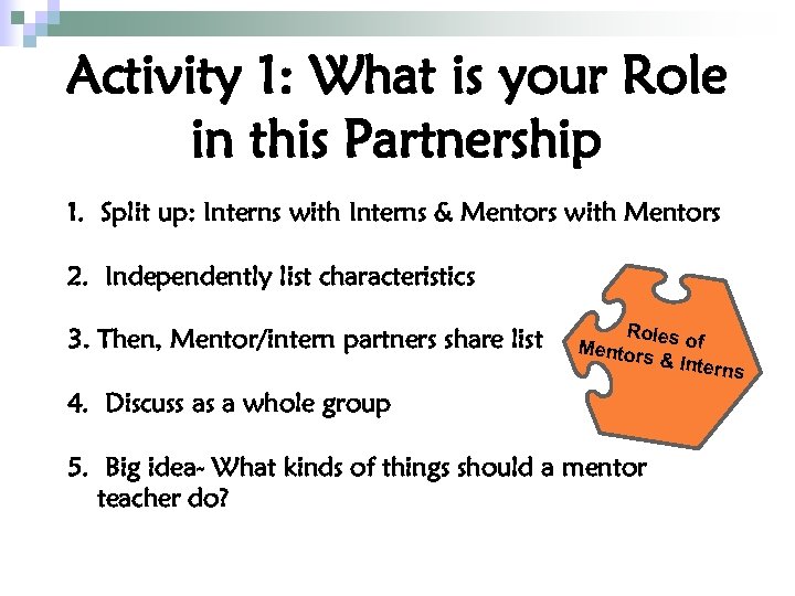 Activity 1: What is your Role in this Partnership 1. Split up: Interns with
