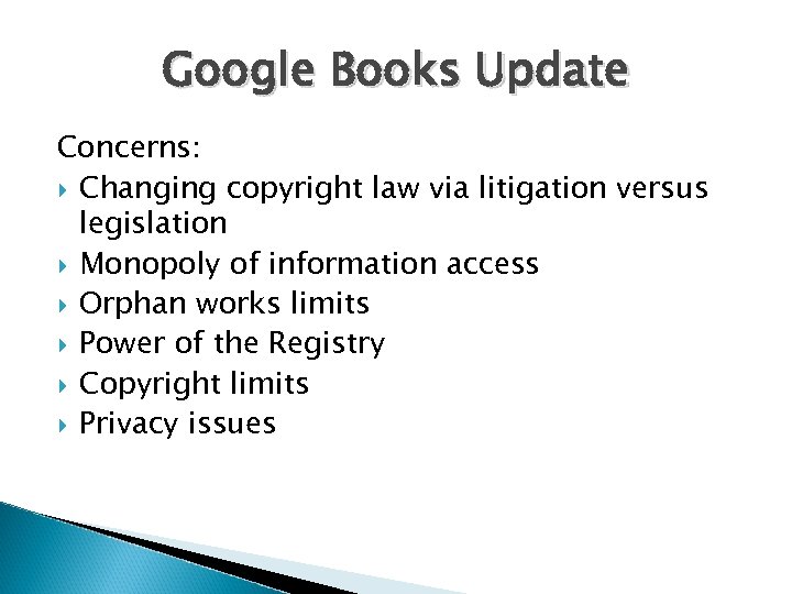 Google Books Update Concerns: Changing copyright law via litigation versus legislation Monopoly of information
