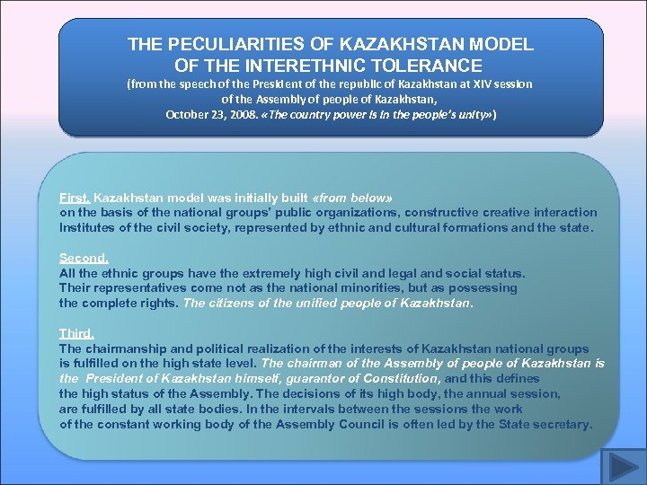 THE PECULIARITIES OF KAZAKHSTAN MODEL OF THE INTERETHNIC TOLERANCE (from the speech of the