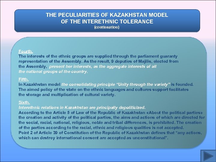 THE PECULIARITIES OF KAZAKHSTAN MODEL OF THE INTERETHNIC TOLERANCE (continuation) Fourth. The interests of