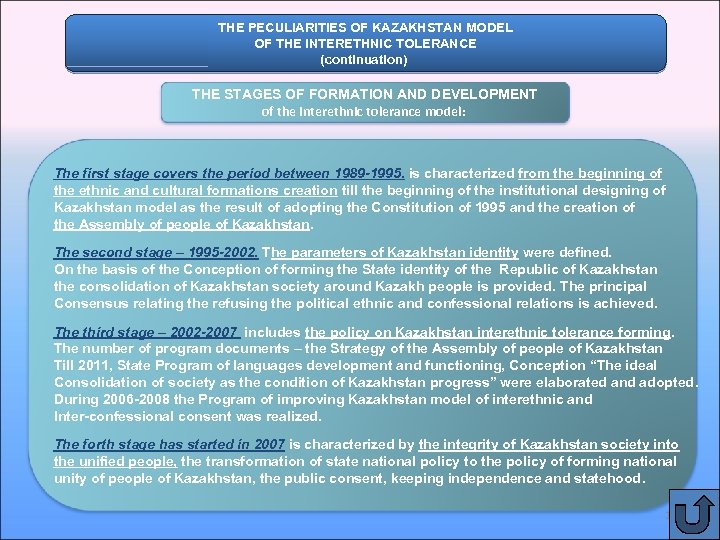 THE PECULIARITIES OF KAZAKHSTAN MODEL OF THE INTERETHNIC TOLERANCE (continuation) THE STAGES OF FORMATION