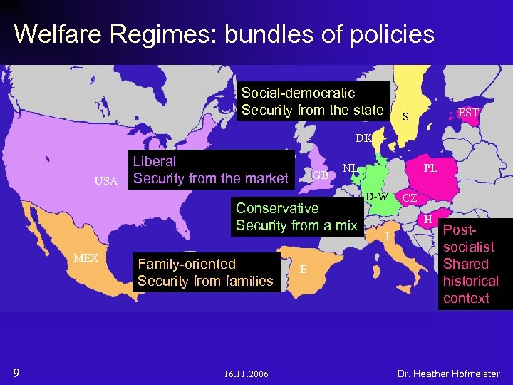 Welfare Regimes: bundles of policies Social-democratic Security from the state EST S DK USA