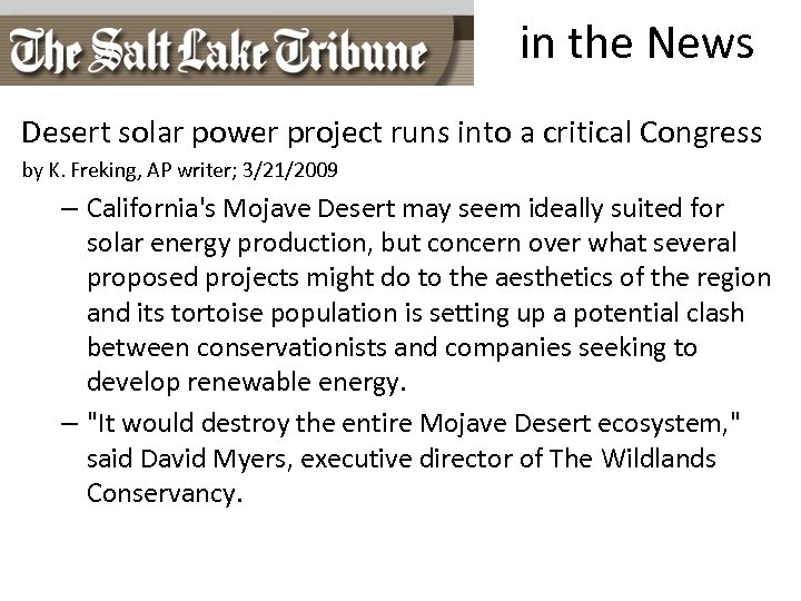 in the News Desert solar power project runs into a critical Congress by K.