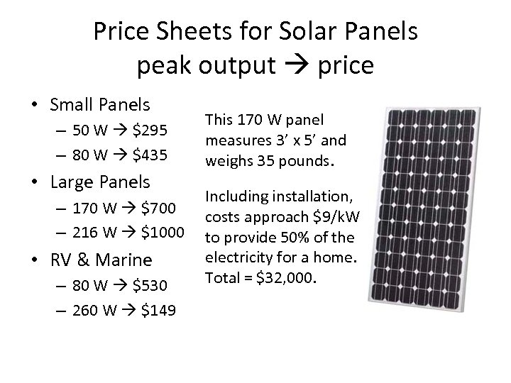 Price Sheets for Solar Panels peak output price • Small Panels – 50 W