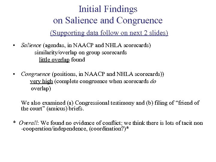 Initial Findings on Salience and Congruence (Supporting data follow on next 2 slides) •