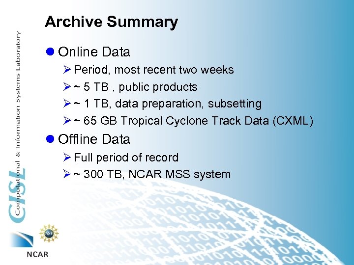 Archive Summary l Online Data Ø Period, most recent two weeks Ø ~ 5