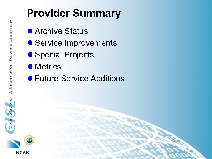 Provider Summary l Archive Status l Service Improvements l Special Projects l Metrics l