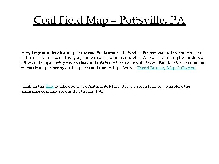 Coal Field Map – Pottsville, PA Very large and detailed map of the coal