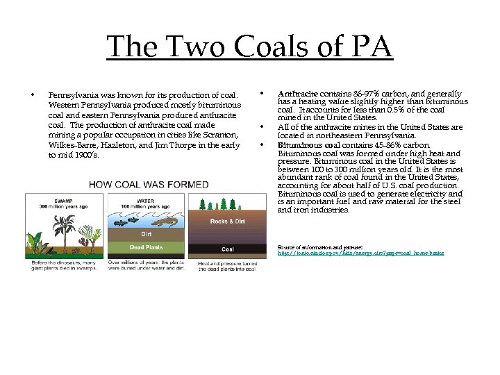 The Two Coals of PA • Pennsylvania was known for its production of coal.