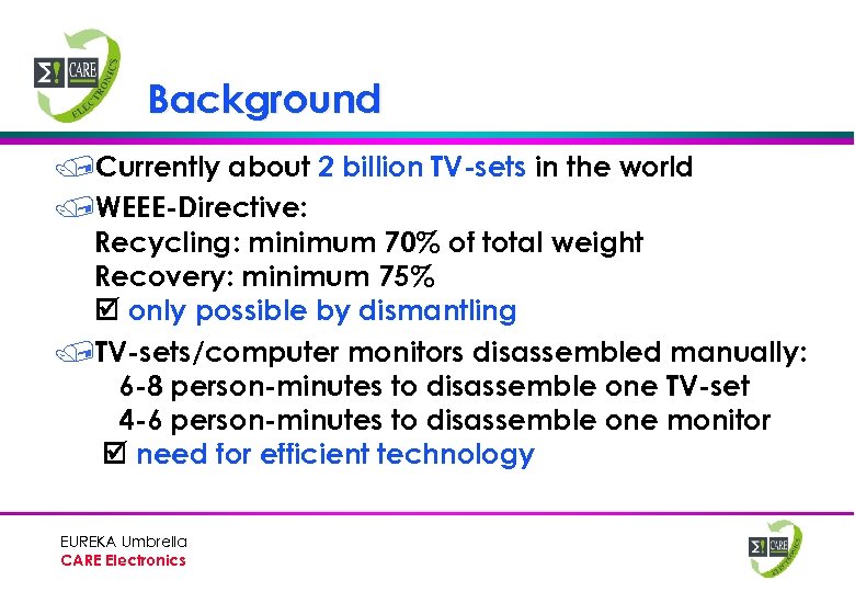 Background /Currently about 2 billion TV-sets in the world /WEEE-Directive: Recycling: minimum 70% of