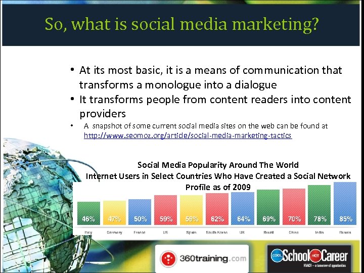 So, what is social media marketing? • At its most basic, it is a