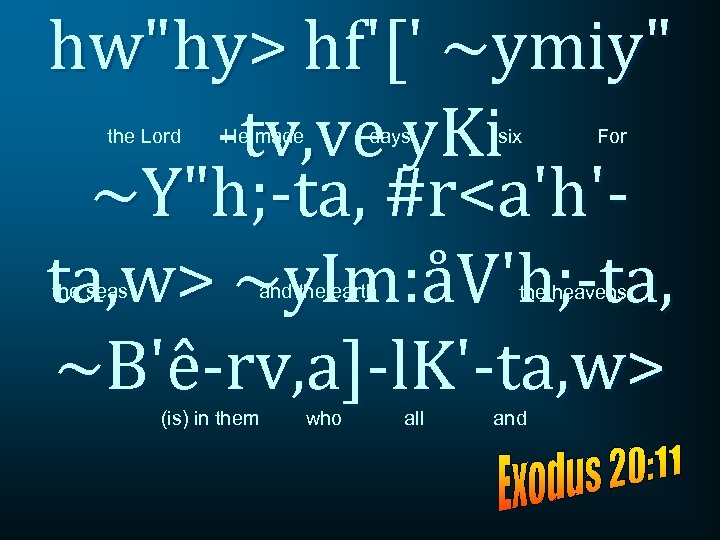 hw"hy> hf'[' ~ymiy" -tv, ve y. Ki ~Y"h; -ta, #r<a'h'ta, w> ~y. Im: åV'h;