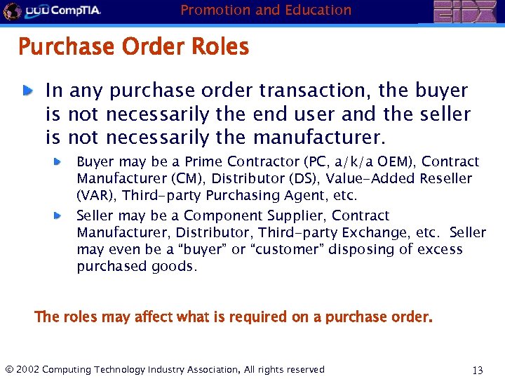 Promotion and Education Purchase Order Roles In any purchase order transaction, the buyer is