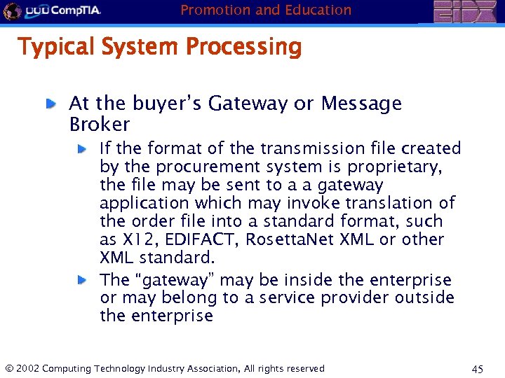 Promotion and Education Typical System Processing At the buyer’s Gateway or Message Broker If