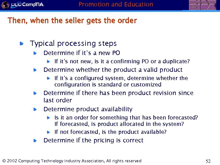 Promotion and Education Then, when the seller gets the order Typical processing steps Determine