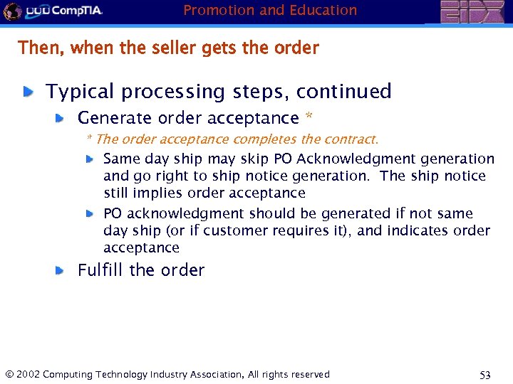 Promotion and Education Then, when the seller gets the order Typical processing steps, continued