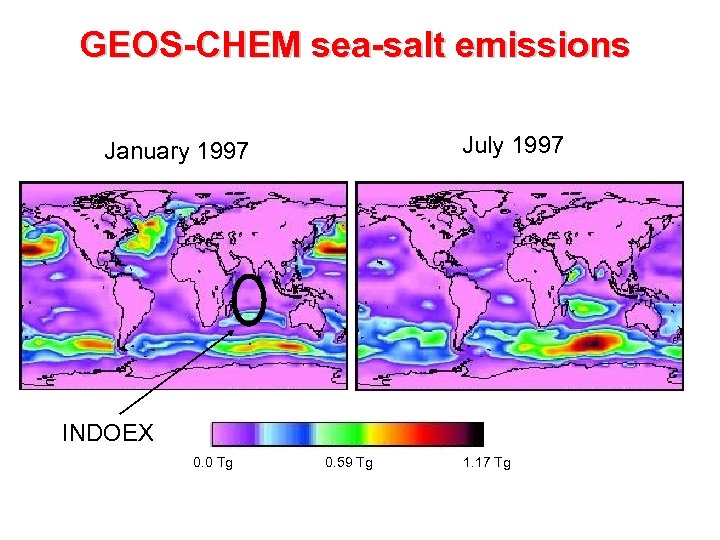 GEOS-CHEM sea-salt emissions July 1997 January 1997 INDOEX 0. 0 Tg 0. 59 Tg