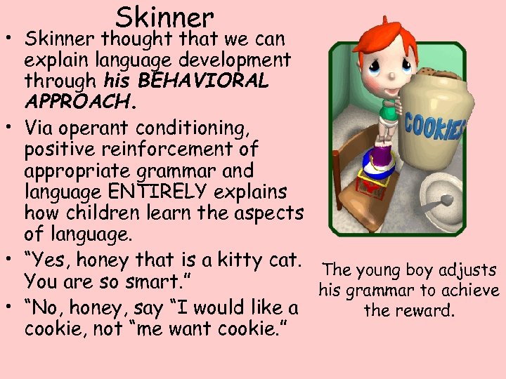 Skinner • Skinner thought that we can explain language development through his BEHAVIORAL APPROACH.