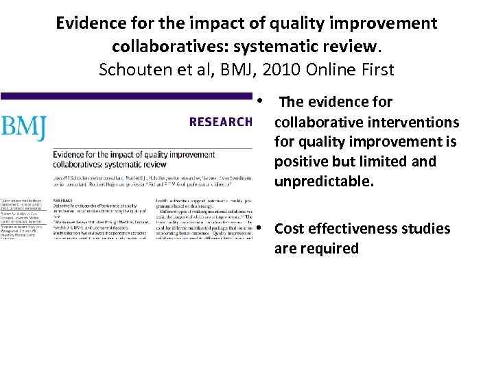 Evidence for the impact of quality improvement collaboratives: systematic review. Schouten et al, BMJ,