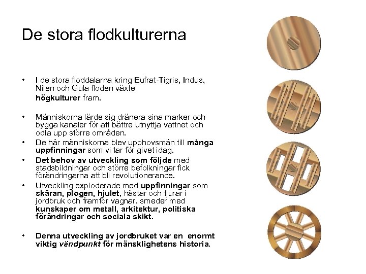 De stora flodkulturerna • I de stora floddalarna kring Eufrat-Tigris, Indus, Nilen och Gula