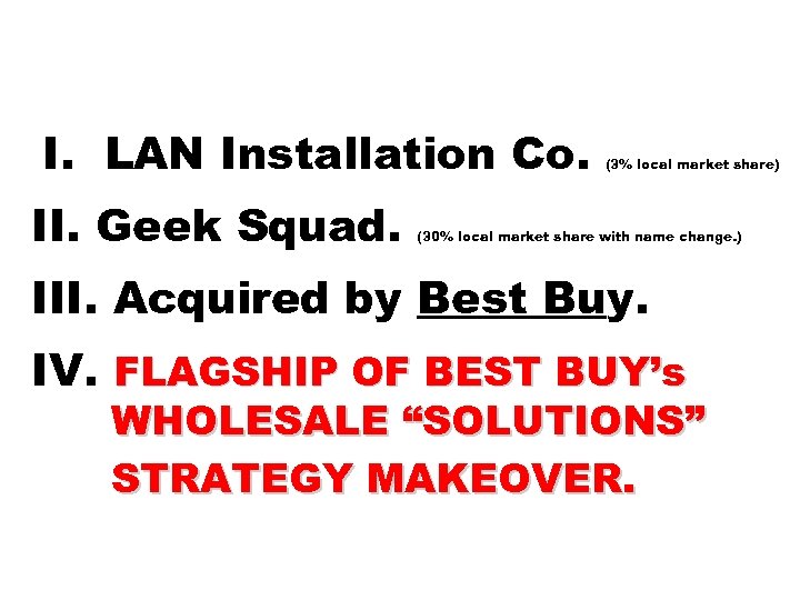I. LAN Installation Co. II. Geek Squad. (3% local market share) (30% local market
