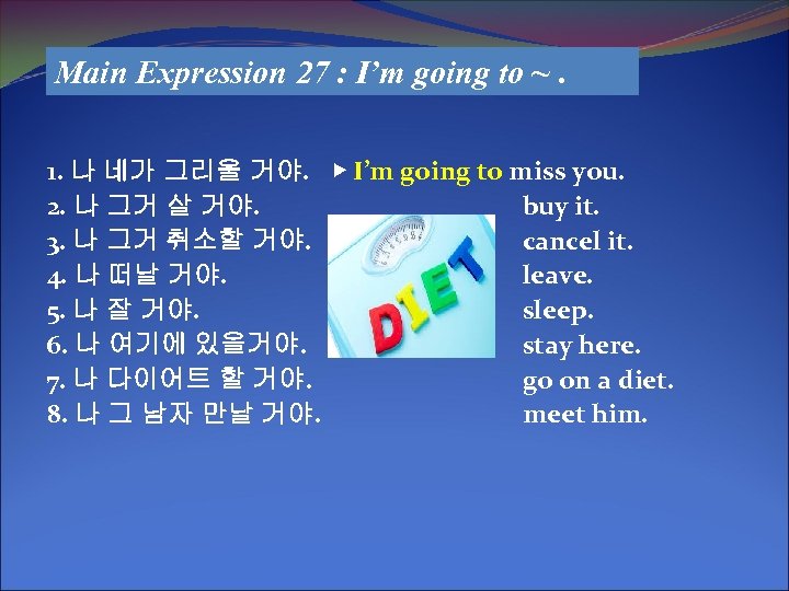 Main Expression 27 : I’m going to ~. 1. 나 네가 그리울 거야. ▶