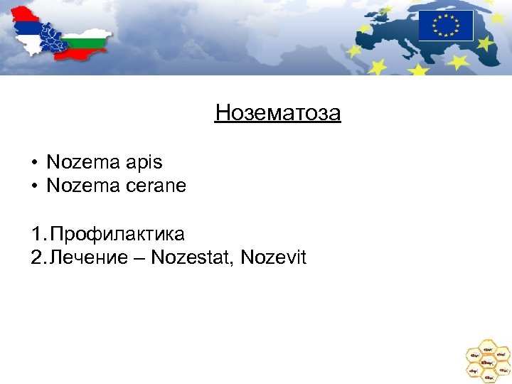 Нозематоза • Nozema apis • Nozema cerane 1. Профилактика 2. Лечение – Nozestat, Nozevit