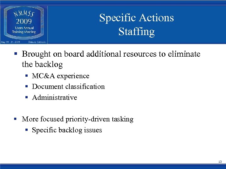 Specific Actions Staffing § Brought on board additional resources to eliminate the backlog §