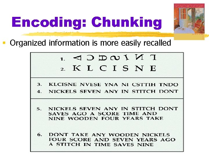 Encoding: Chunking § Organized information is more easily recalled 