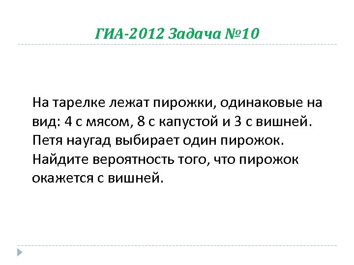 ГИА-2012 Задача № 10 На тарелке лежат пирожки, одинаковые на вид: 4 с мясом,