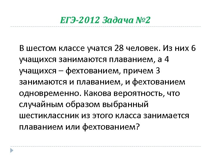 ЕГЭ-2012 Задача № 2 В шестом классе учатся 28 человек. Из них 6 учащихся