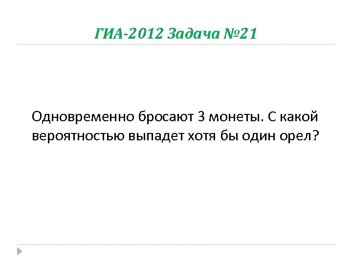 ГИА-2012 Задача № 21 Одновременно бросают 3 монеты. С какой вероятностью выпадет хотя бы