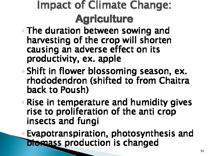 Impact of Climate Change: Agriculture ◦ The duration between sowing and harvesting of the