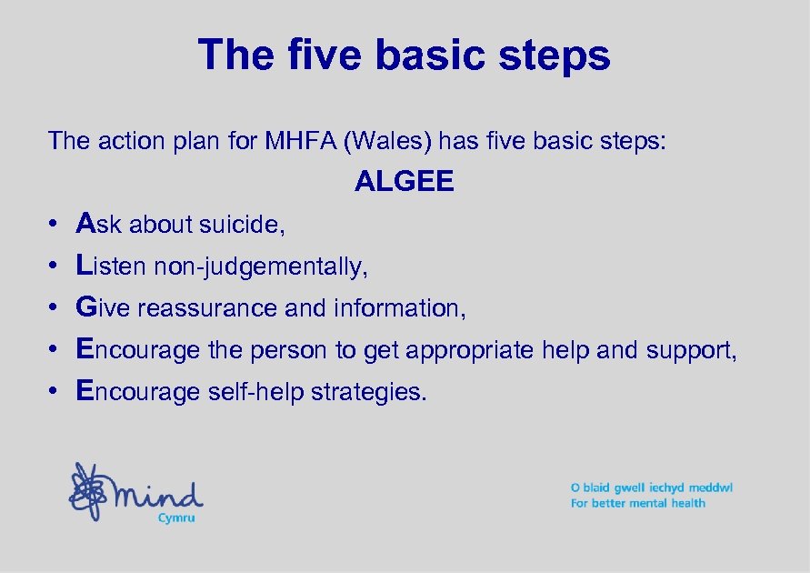 The five basic steps The action plan for MHFA (Wales) has five basic steps: