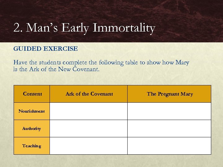 2. Man’s Early Immortality GUIDED EXERCISE Have the students complete the following table to