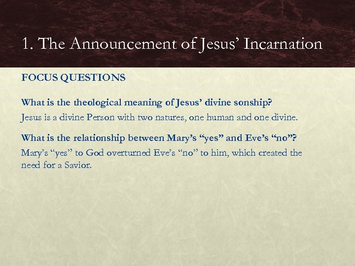1. The Announcement of Jesus’ Incarnation FOCUS QUESTIONS What is theological meaning of Jesus’