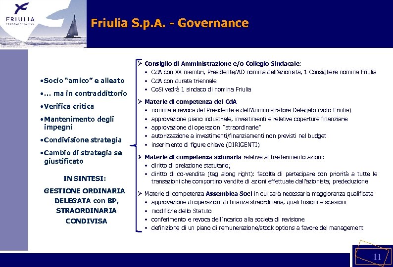 Friulia S. p. A. - Governance • Socio “amico” e alleato • … ma