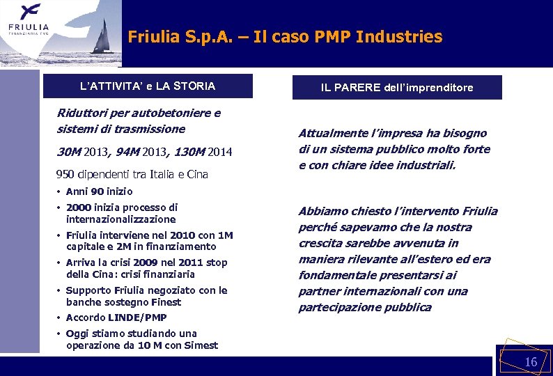 Friulia S. p. A. – Il caso PMP Industries L’ATTIVITA’ e LA STORIA Riduttori