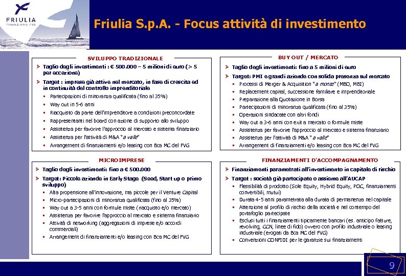 Friulia S. p. A. - Focus attività di investimento SVILUPPO TRADIZIONALE Ø Taglio degli