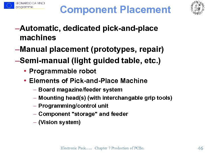 Component Placement –Automatic, dedicated pick-and-place machines –Manual placement (prototypes, repair) –Semi-manual (light guided table,