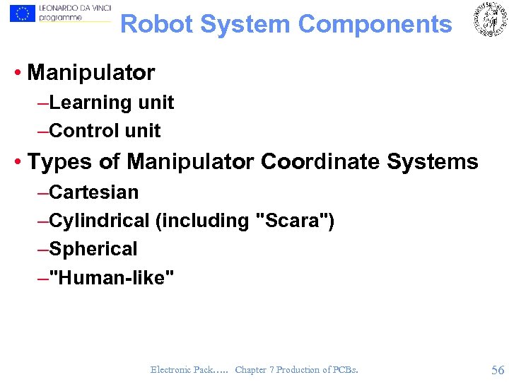 Robot System Components • Manipulator –Learning unit –Control unit • Types of Manipulator Coordinate