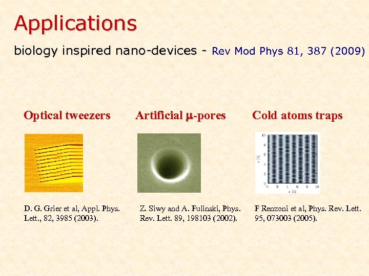 Applications biology inspired nano-devices - Rev Mod Phys 81, 387 (2009) Optical tweezers D.