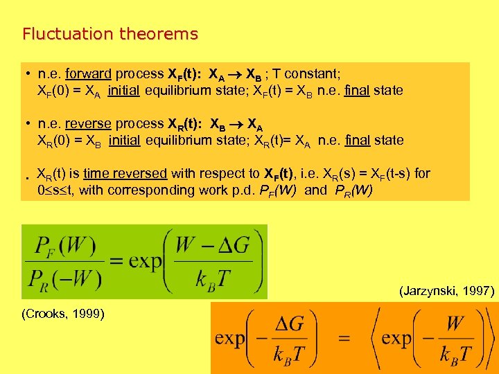 Fluctuation theorems • n. e. forward process XF(t): XA XB ; T constant; XF(0)